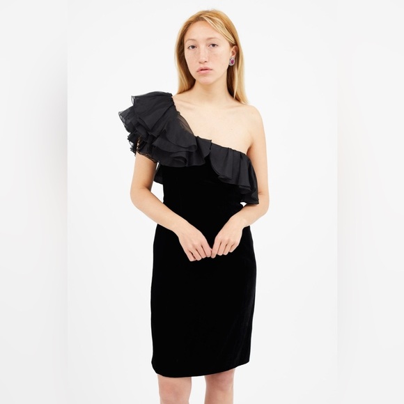 Armani Collezioni One Shoulder Ruffle Mini/Knee Length Velvet Dress Black Sz 12 - Picture 1 of 15